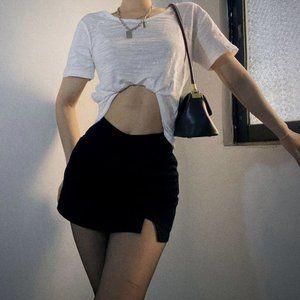 High Waisted V-Line Black Mini Skirt with Slit NWT